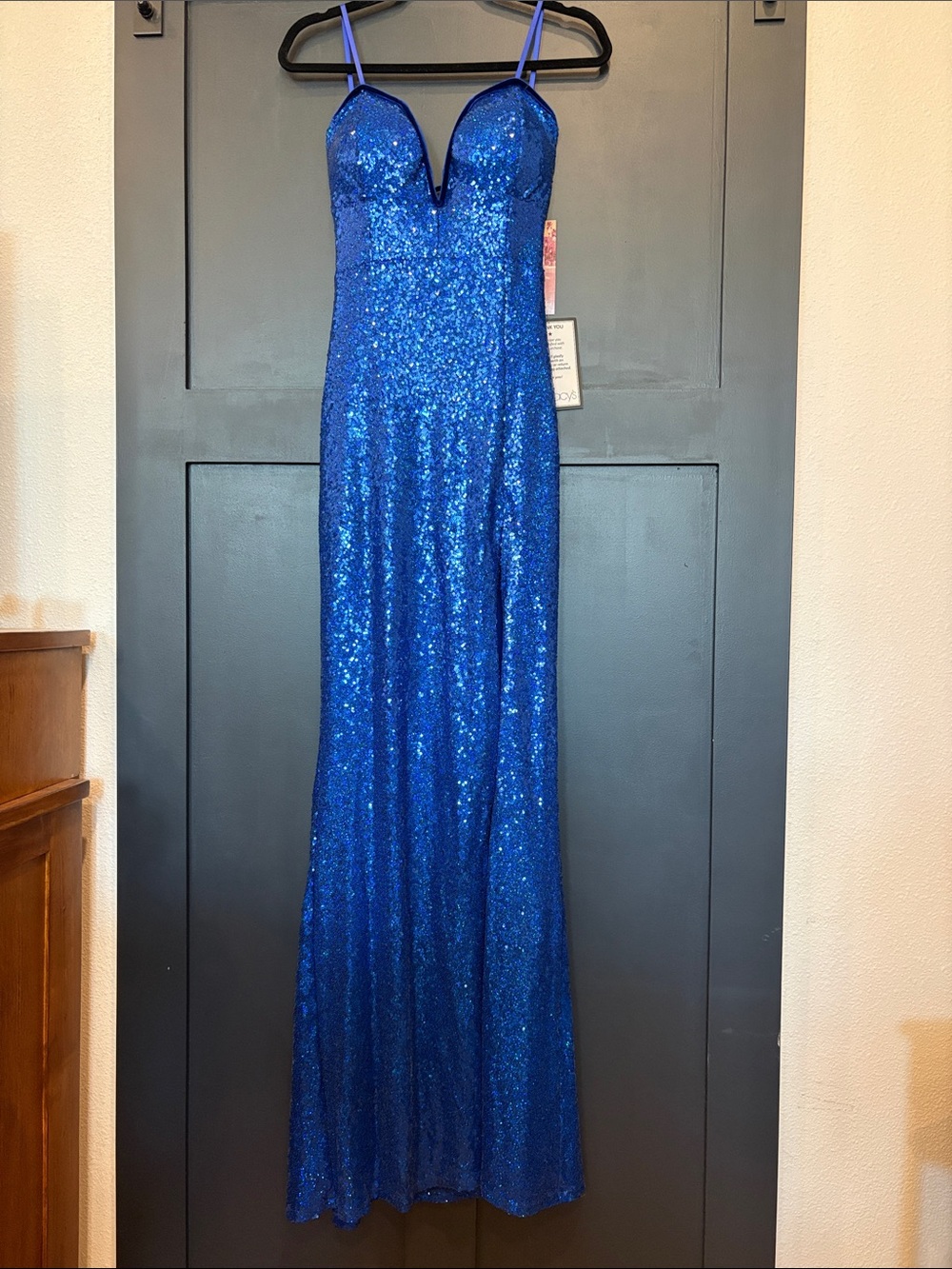 714. Emerald Sundae Royal Blue Sequin Spaghetti-Strap Gown